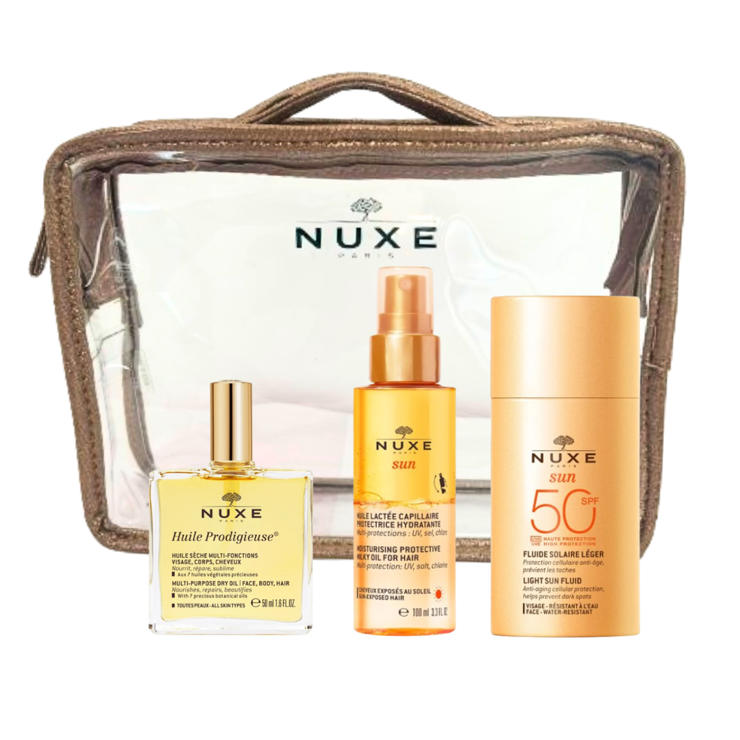 Coffret-Nuxe-Sun- Solaire-contient- fluide- léger- spf50-huile-lacté-huile- prodigieuse