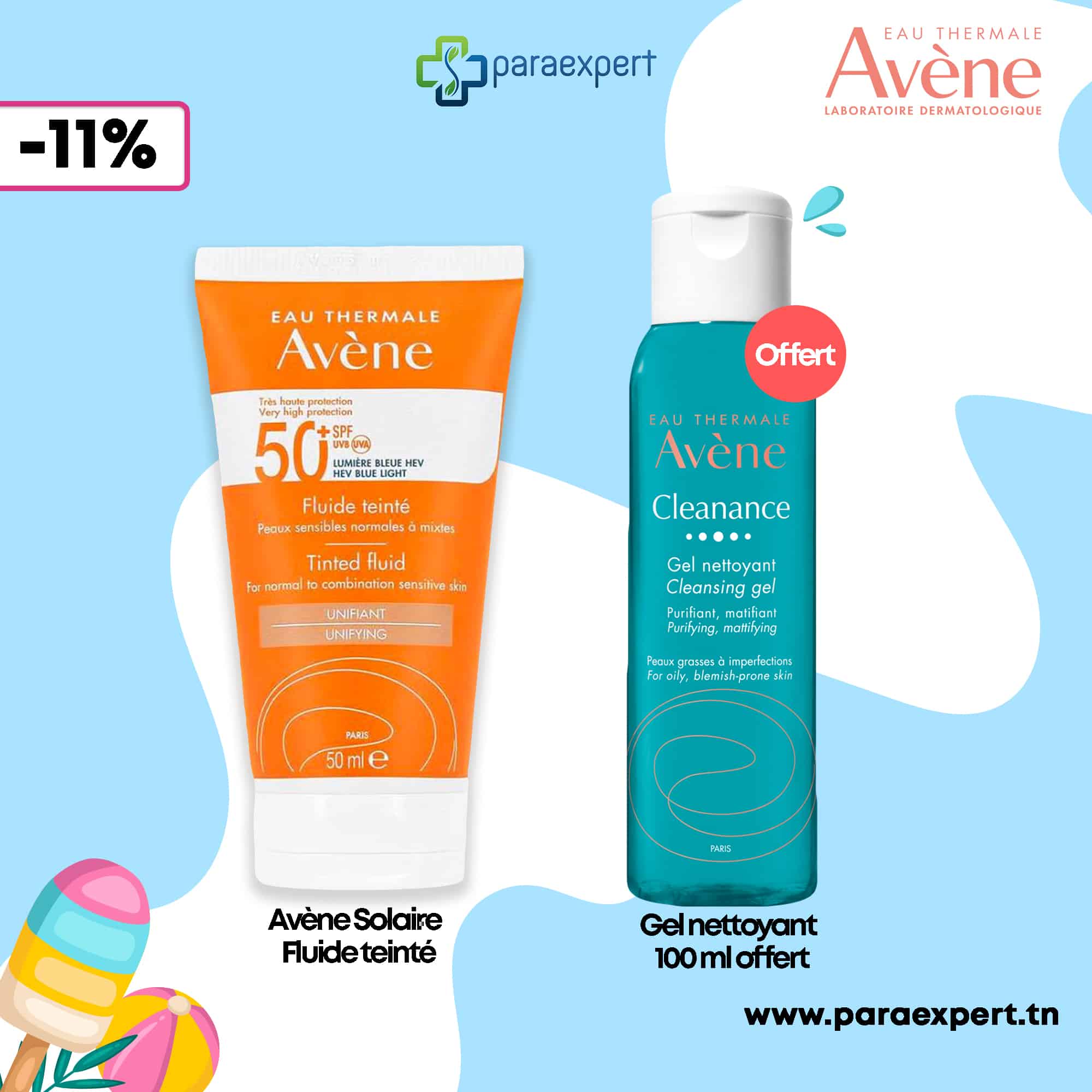 Avène Fluide Teinté SPF50+ avec Cleanance Gel 100 ml offert