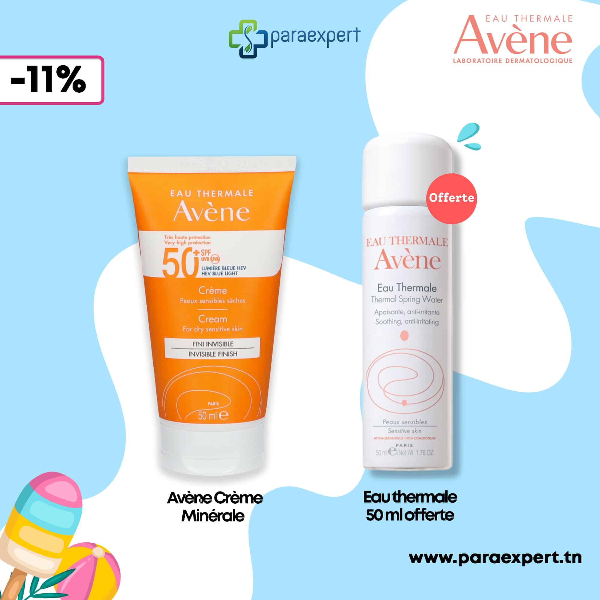 Avène Solaire Crème Très Haute Protection SPF50+ avec une Eau Thermale 50 ml offerte