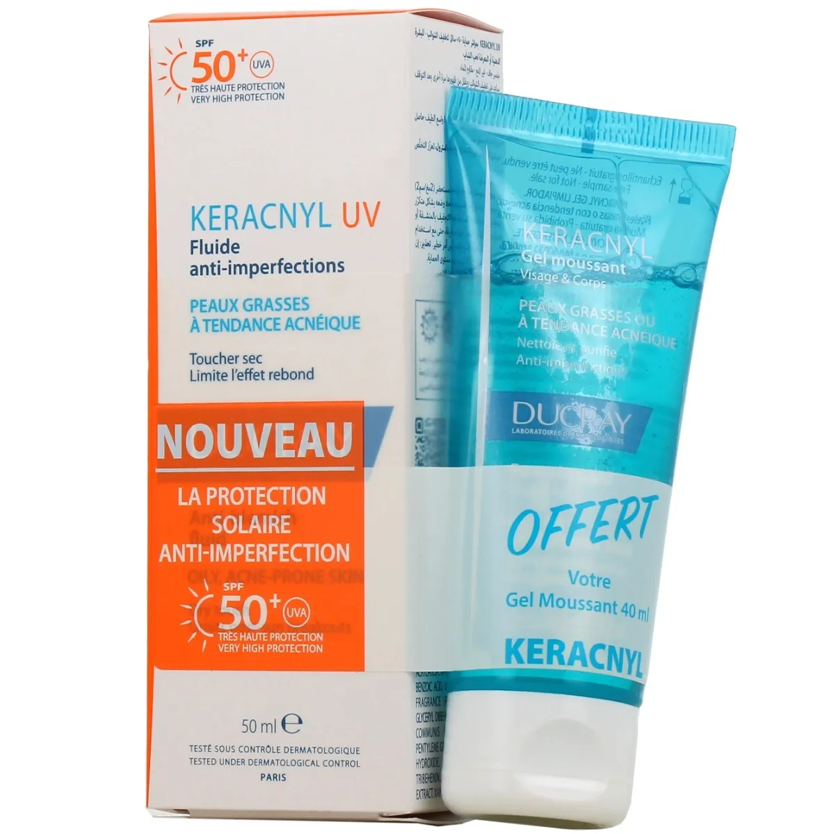 keracnyl uv fluide anti imperfections spf50 gel offert 3